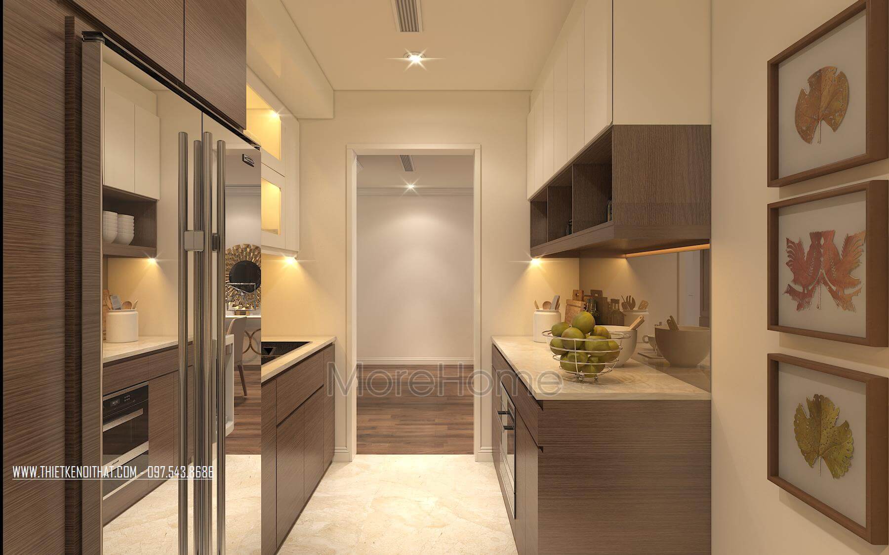 Thiết kế nội thất phòng bếp công năng với mẫu tủ bếp gỗ công nghiệp MDF có màu sắc và vân gỗ tạo sự ấm áp, thân thiện giúp các bà nội trợ thêm yêu không gian bếp của mình. tủ bếp chung cư