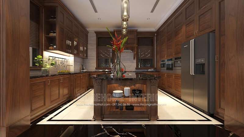 Mẫu tủ bếp tân cổ điển được làm từ gỗ óc chó nhập khẩu cao cấp với những nét chạm khắc hoa văn cầu kì, tỉ mỉ kết hợp với những màu sắc óc chó sang trọng, tạo nên một không gian cuốn hút mà bất kì ai cũng muốn sở hữu Thiết kế và sản xuất tủ bếp đẹp