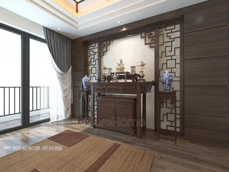 Mẫu bàn thờ chung cư gỗ tự nhiên với thiết kế nhỏ gọn kết hợp vách CNC cách điệu mang đến sự sang trọng cho không gian phòng thờ.