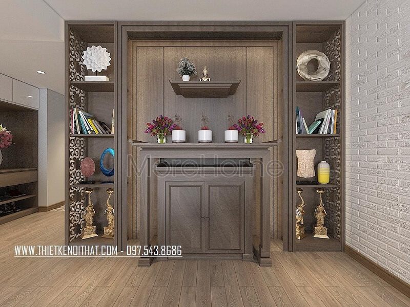 Mẫu bàn thờ chung cư đẹp màu nâu sáng với kiểu dáng nhỏ gọn, thiết kế đơn giản nhưng vẫn mang đến vẻ đẹp tinh tế, sang trọng.