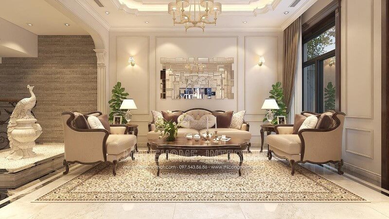 Hạng mục sofa gỗ óc chó tân cổ điển luôn là sản phẩm chủ đạo của không gian phòng khách, mang đến sự sang trọng, quý phái.